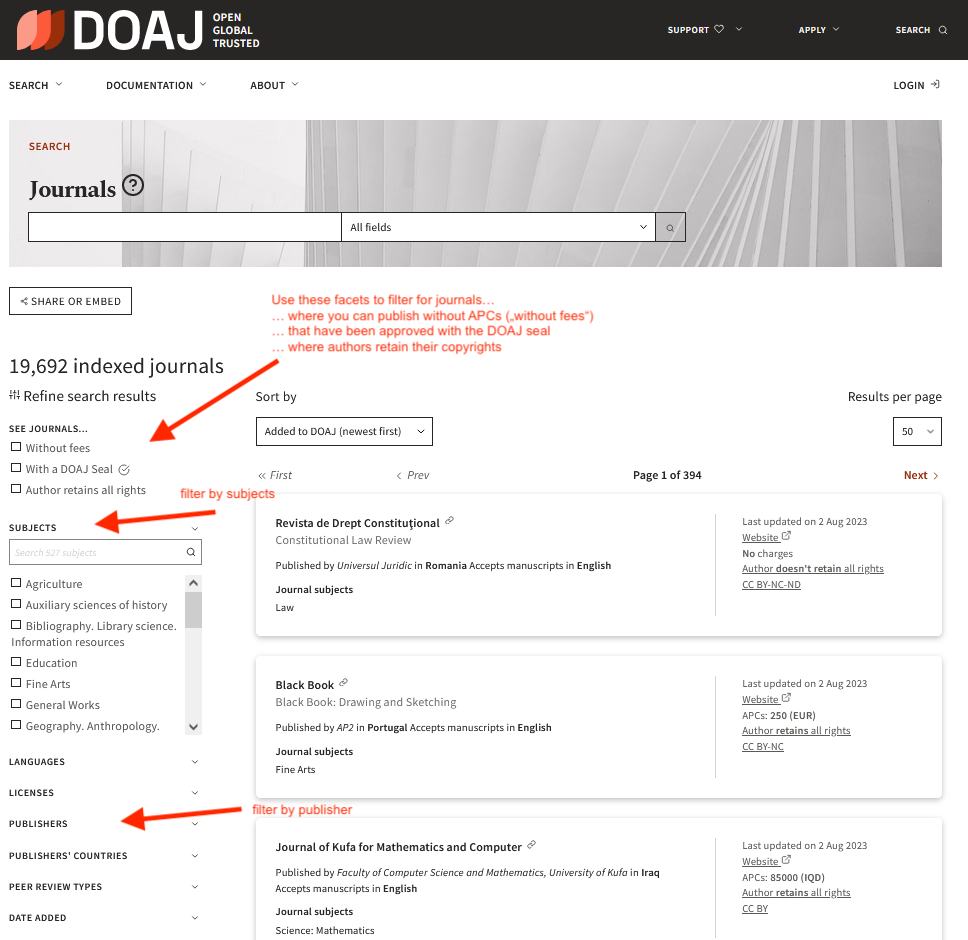 screenshot of doaj with filter options explained